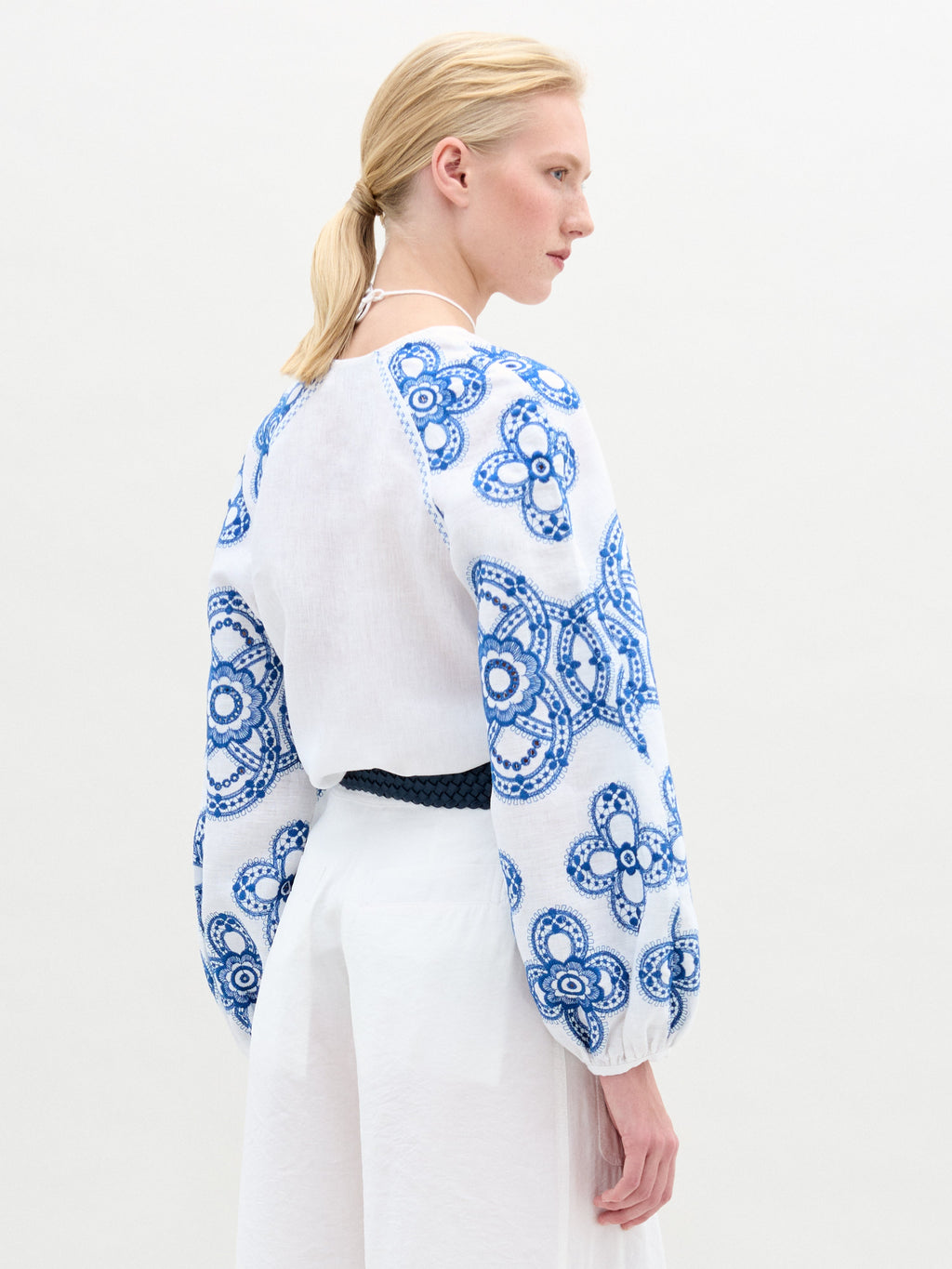 V-neck Blue Embroidered Lantern Sleeve Top