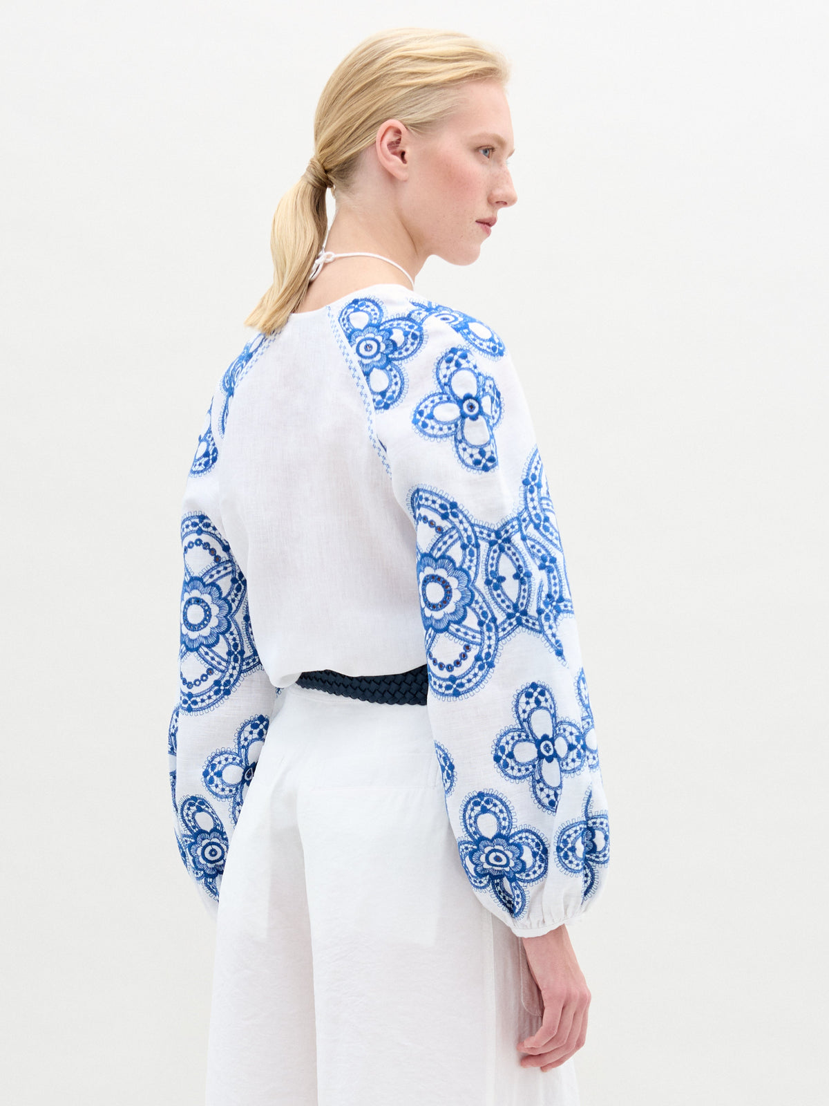 V-neck Blue Embroidered Lantern Sleeve Top