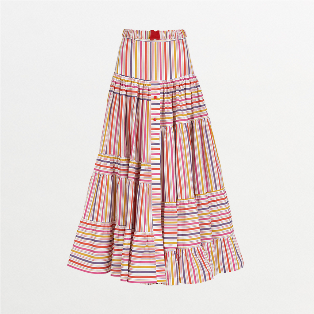 Retro Colorful Stripe Layered Long Skirt