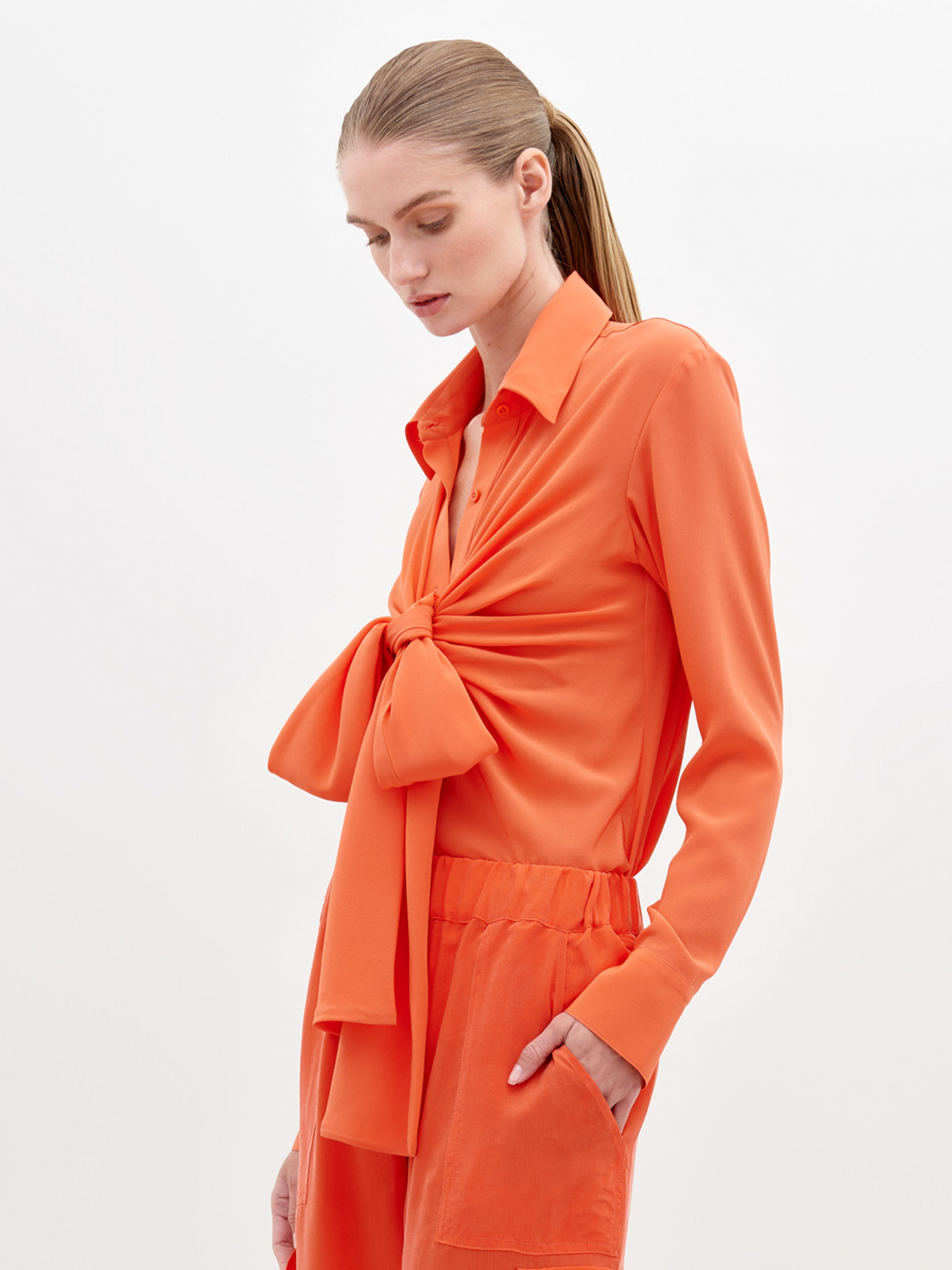 Bright Orange Tie Long-sleeve Top