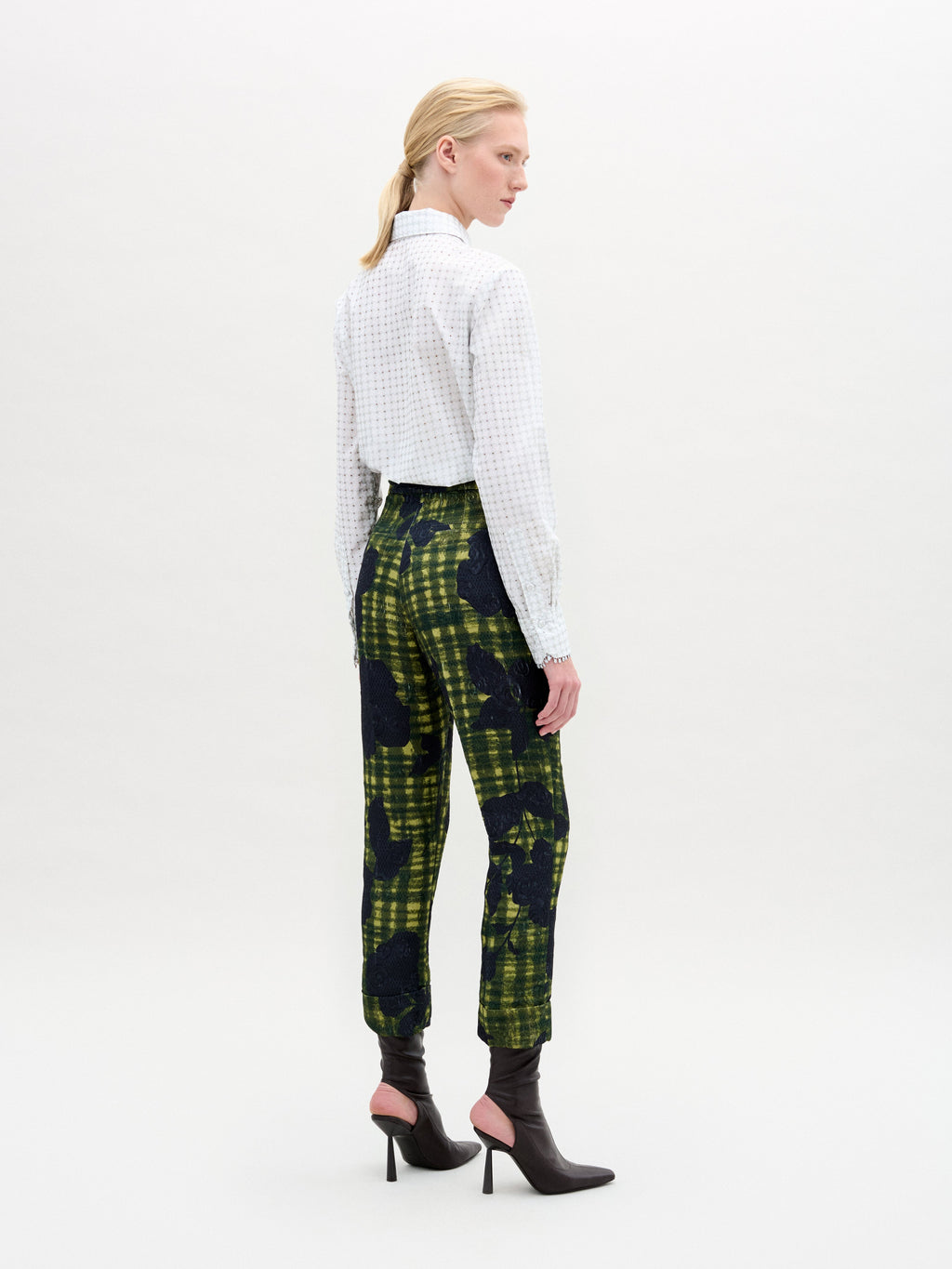 Green Grid Flocked Pattern Trousers