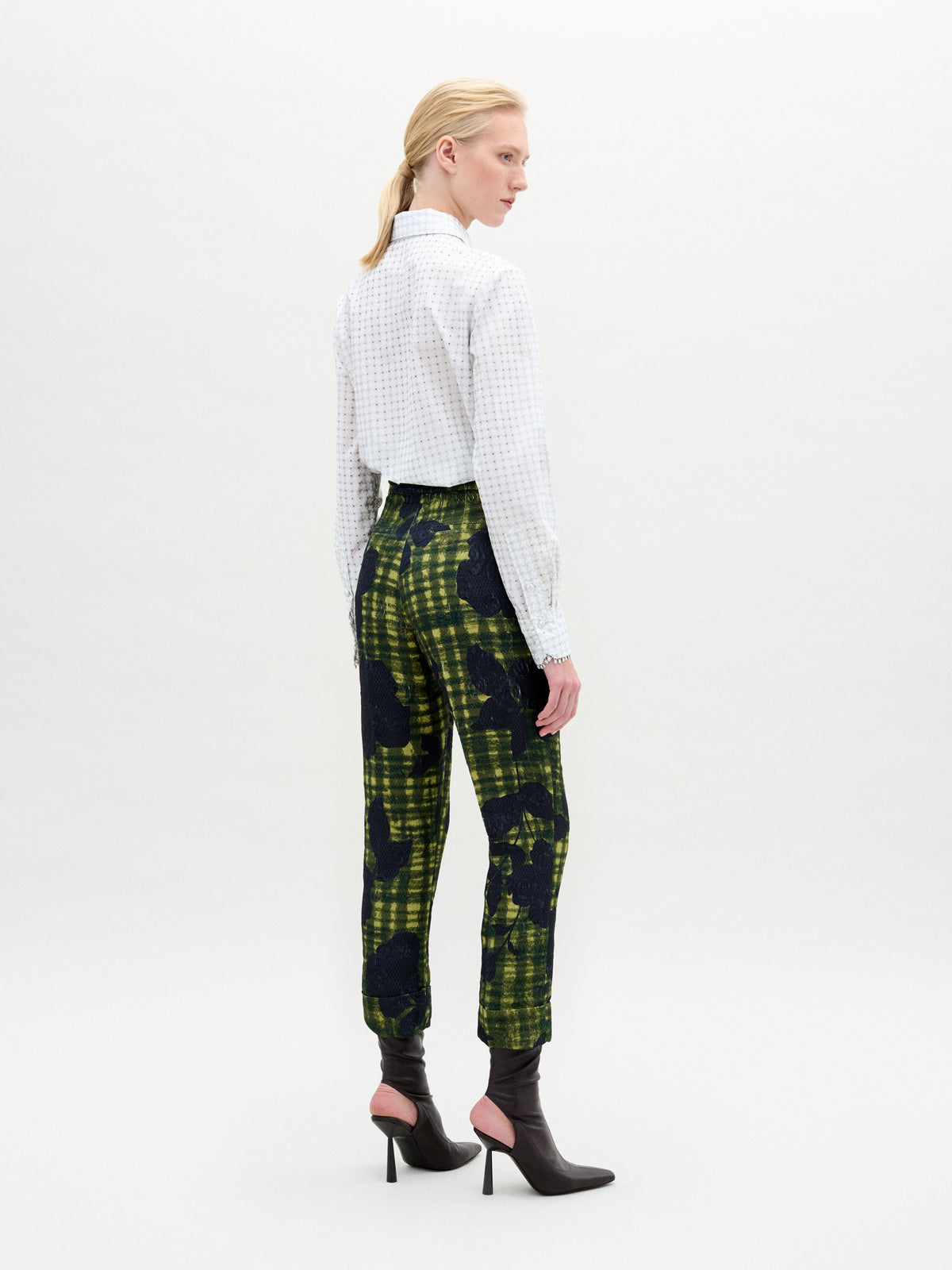 Green Grid Flocked Pattern Trousers