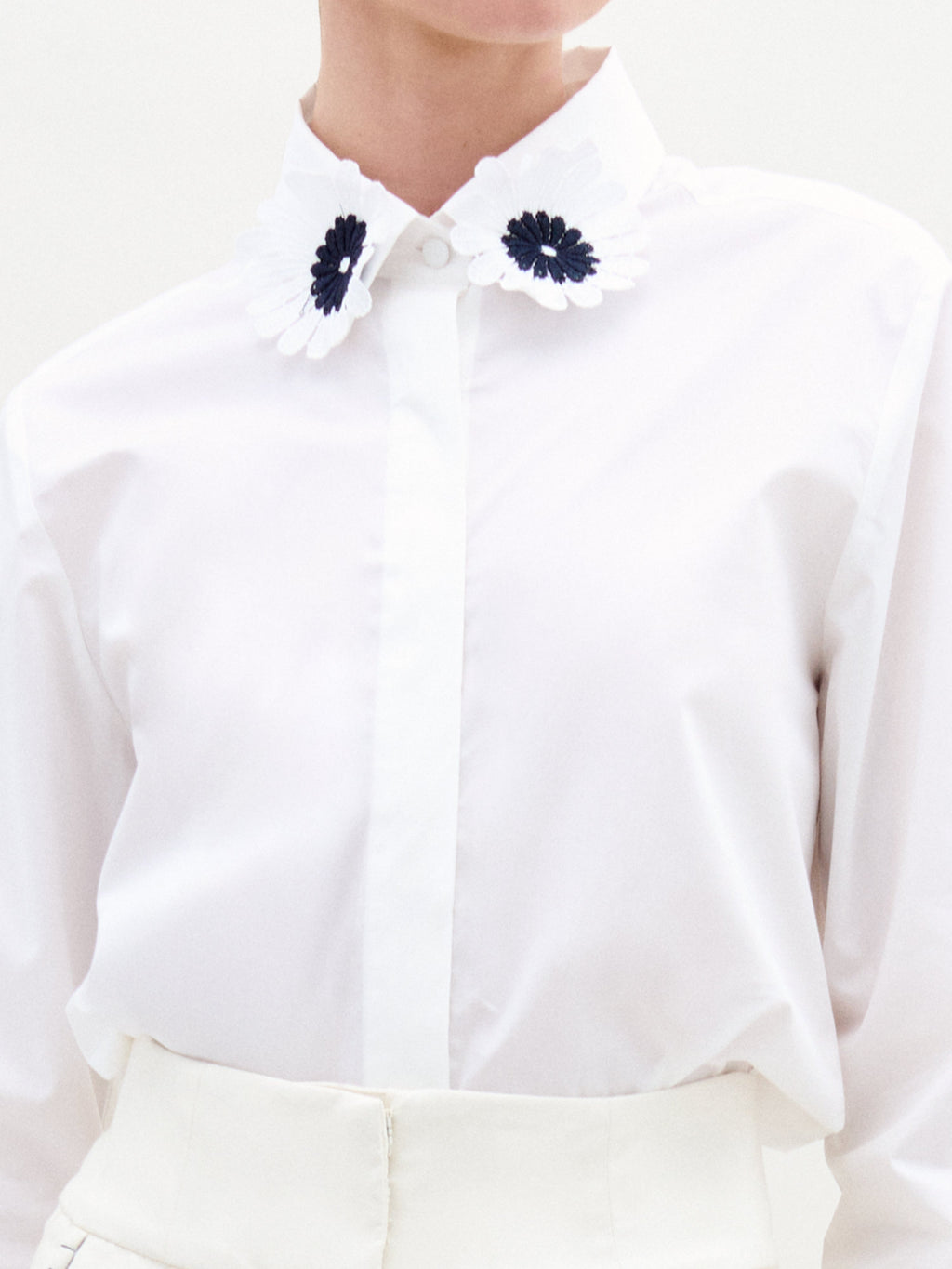 Floral - Trimmed Long - Sleeve Blouse