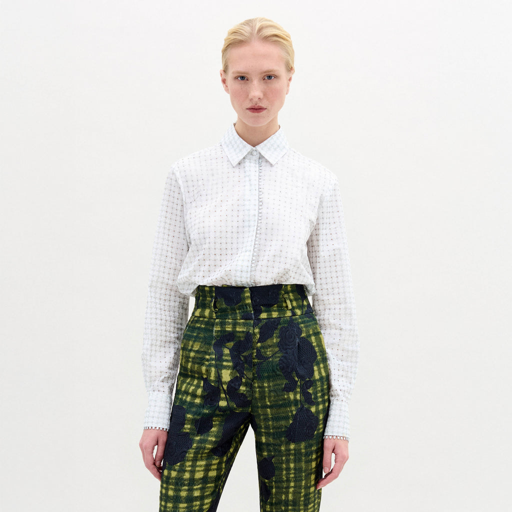 Green Grid Flocked Pattern Trousers