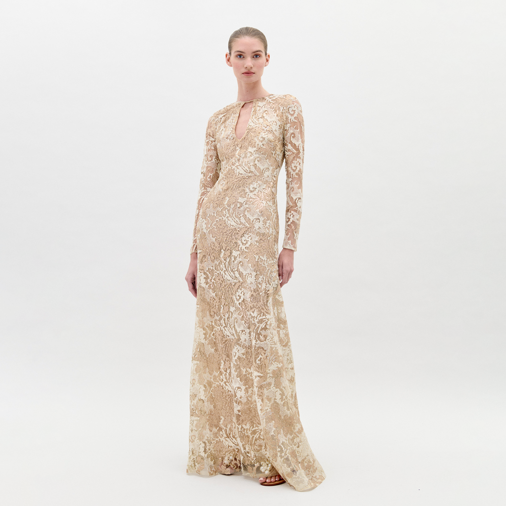 Long-sleeved Gold Embroidered Lace Dress