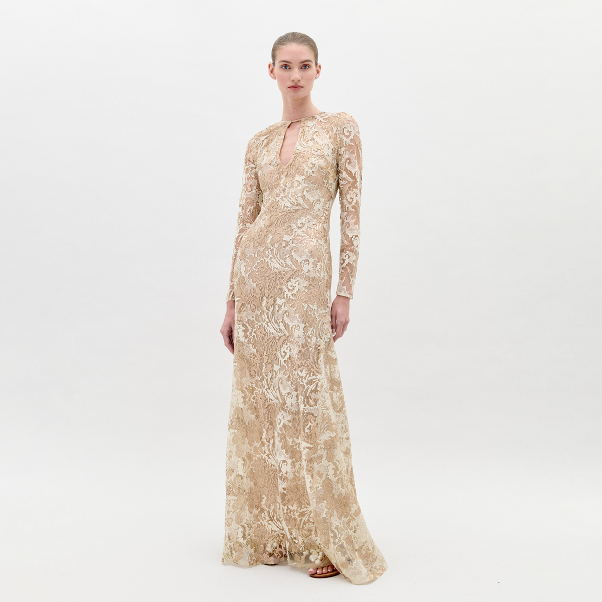 Long-sleeved Gold Embroidered Lace Dress