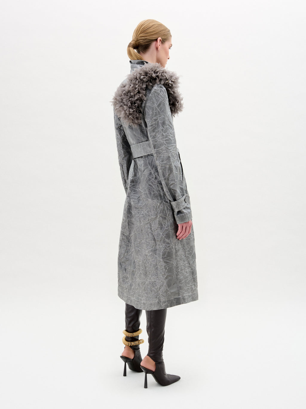 Grey Fur-collar Cinched Long Coat