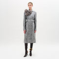 Grey Fur-collar Cinched Long Coat