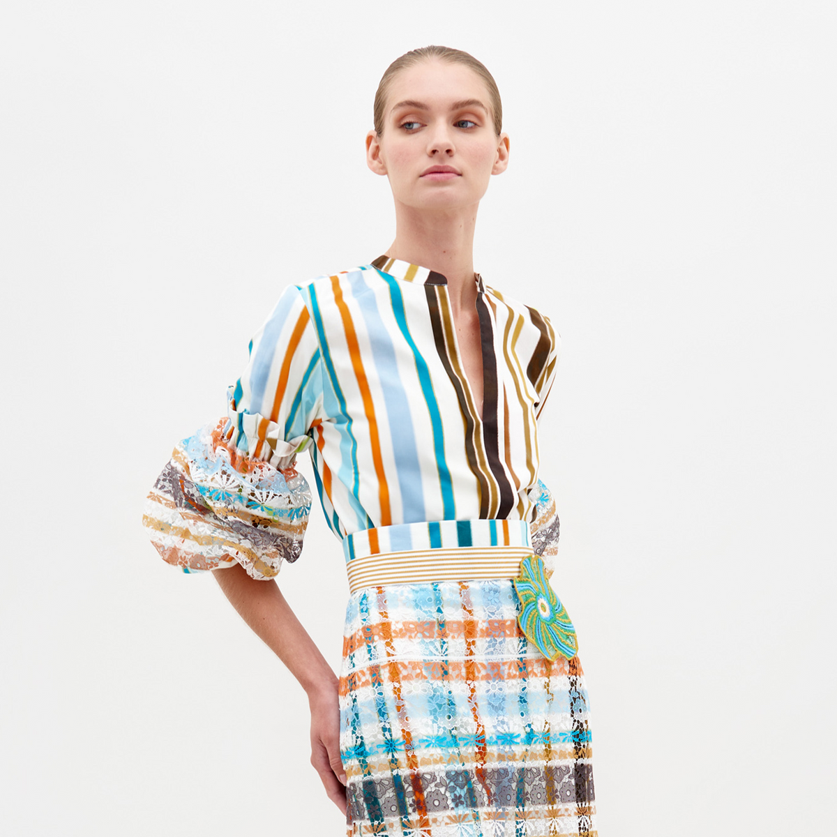 Retro Striped Puff-Sleeve Dress