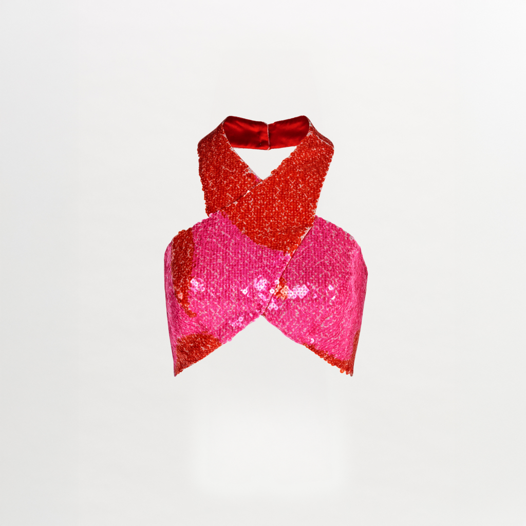 Cross - Neck Pink Sequin Crop