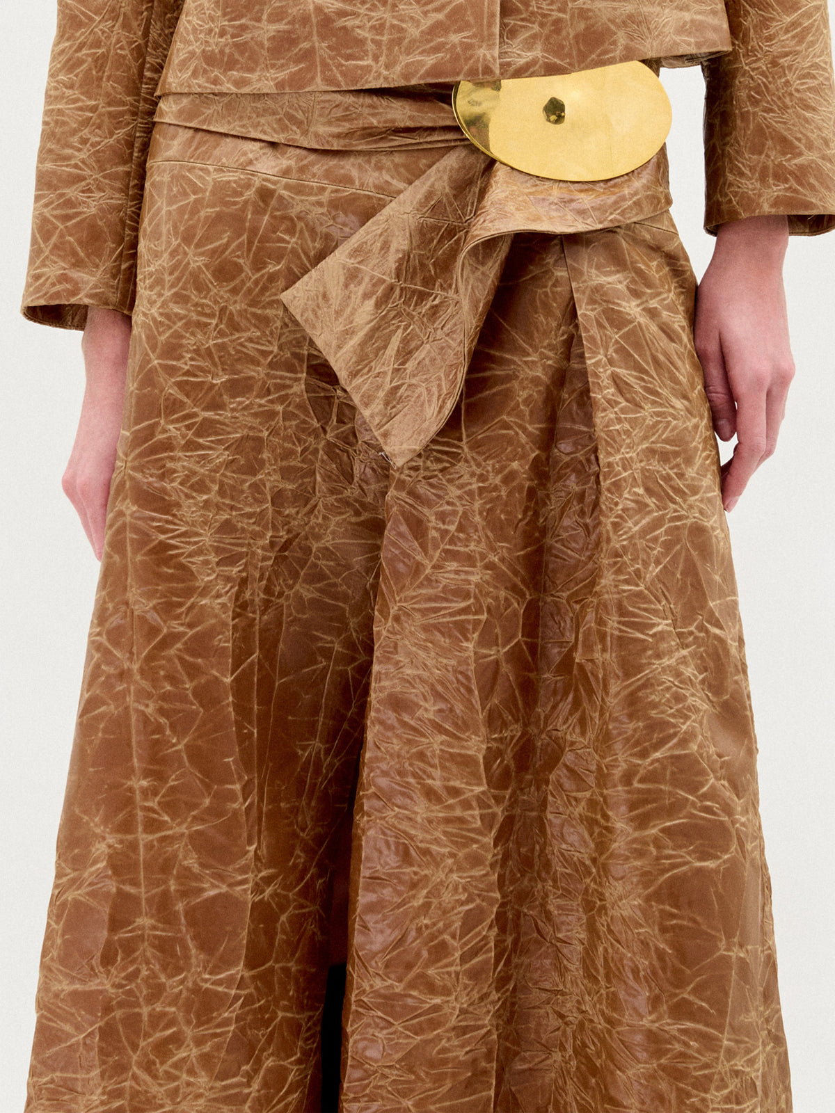 Brown Textured High-Waisted Wide-Leg Skirt