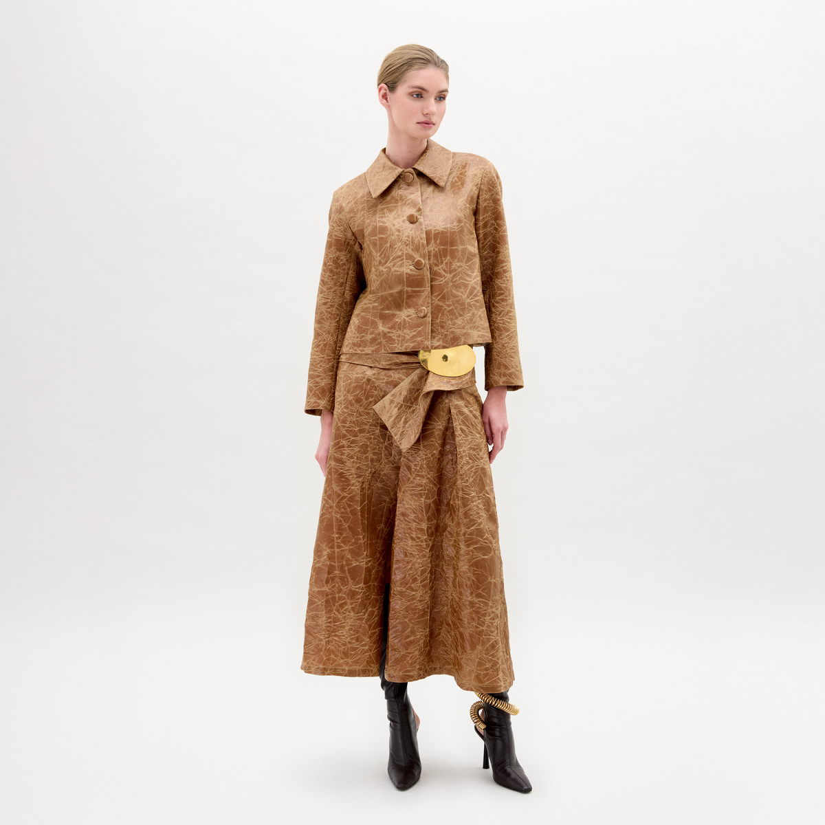 Brown Textured High-Waisted Wide-Leg Skirt