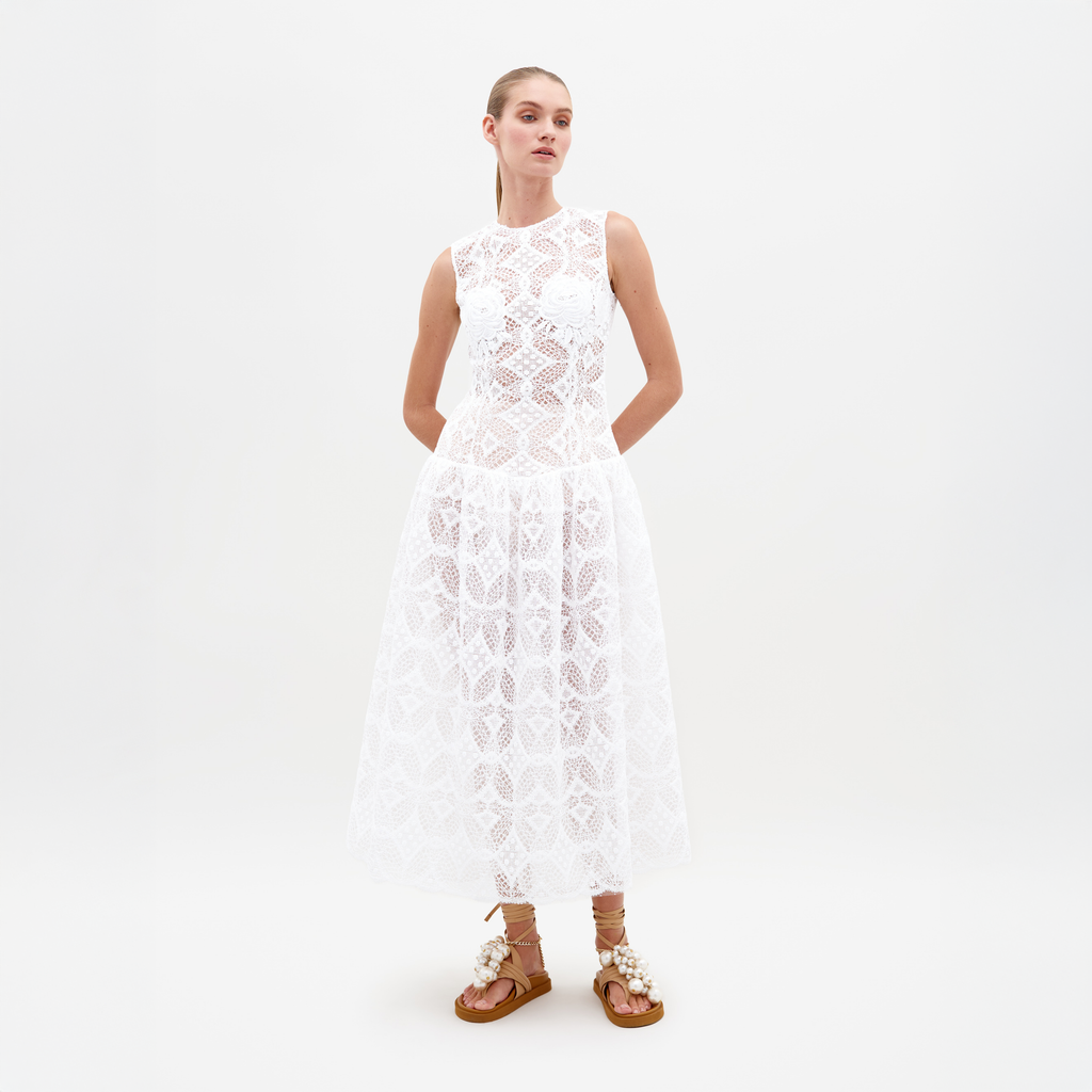 White Sleeveless Lace Midi Dress