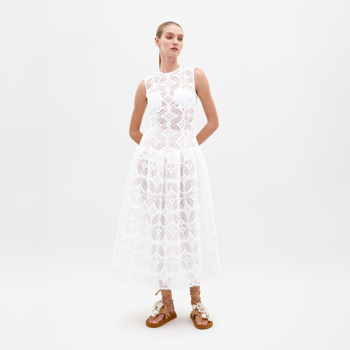 White Sleeveless Lace Midi Dress