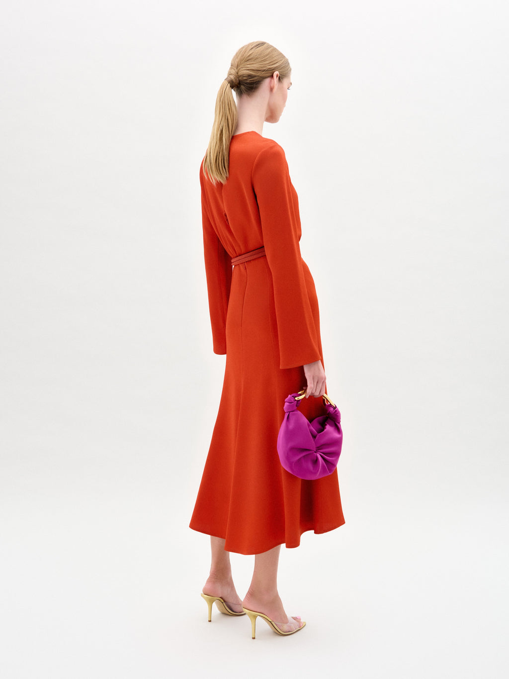 Orange Belted Long-Sleeve Midi Dress