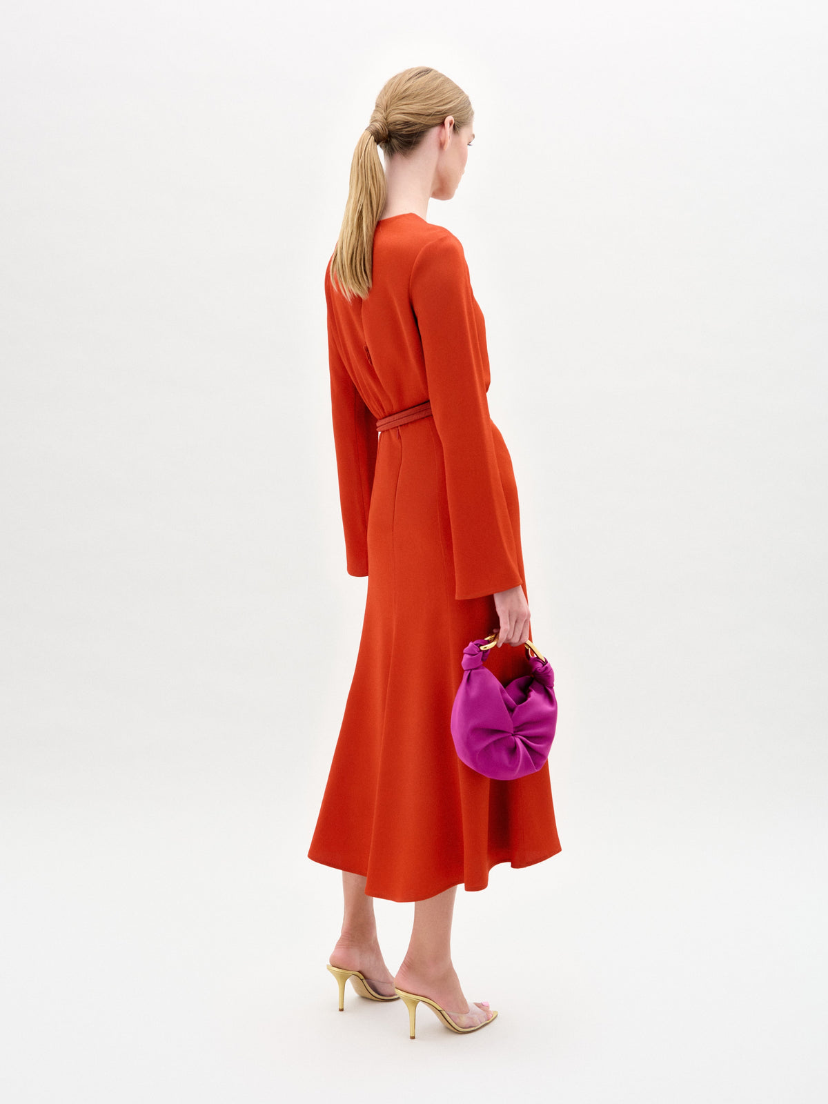 Orange Belted Long-Sleeve Midi Dress