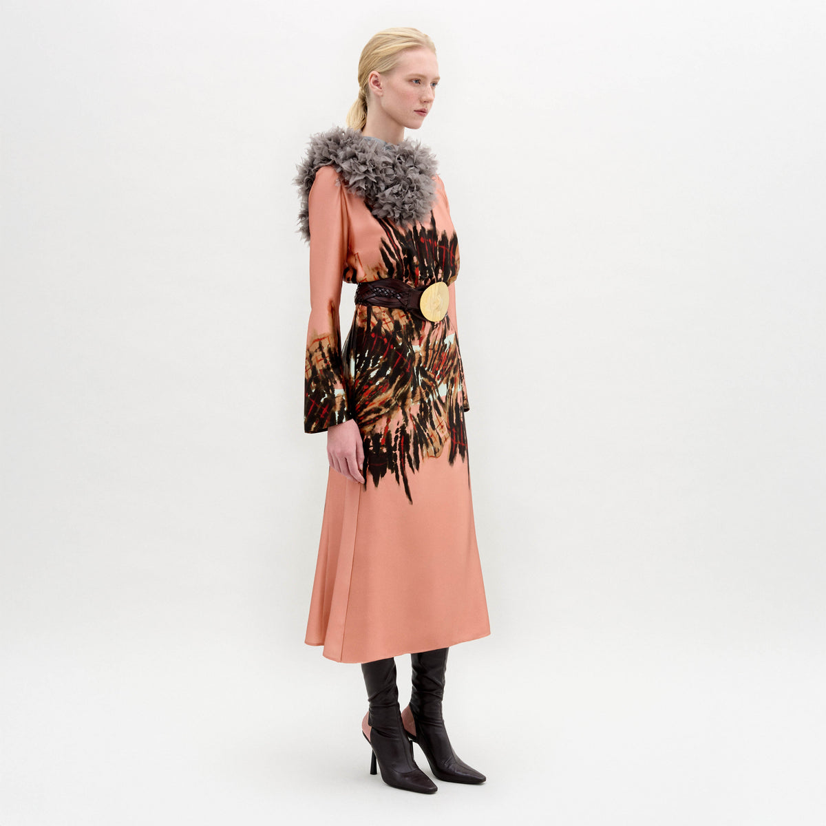 Feather Collar Printed Dress
