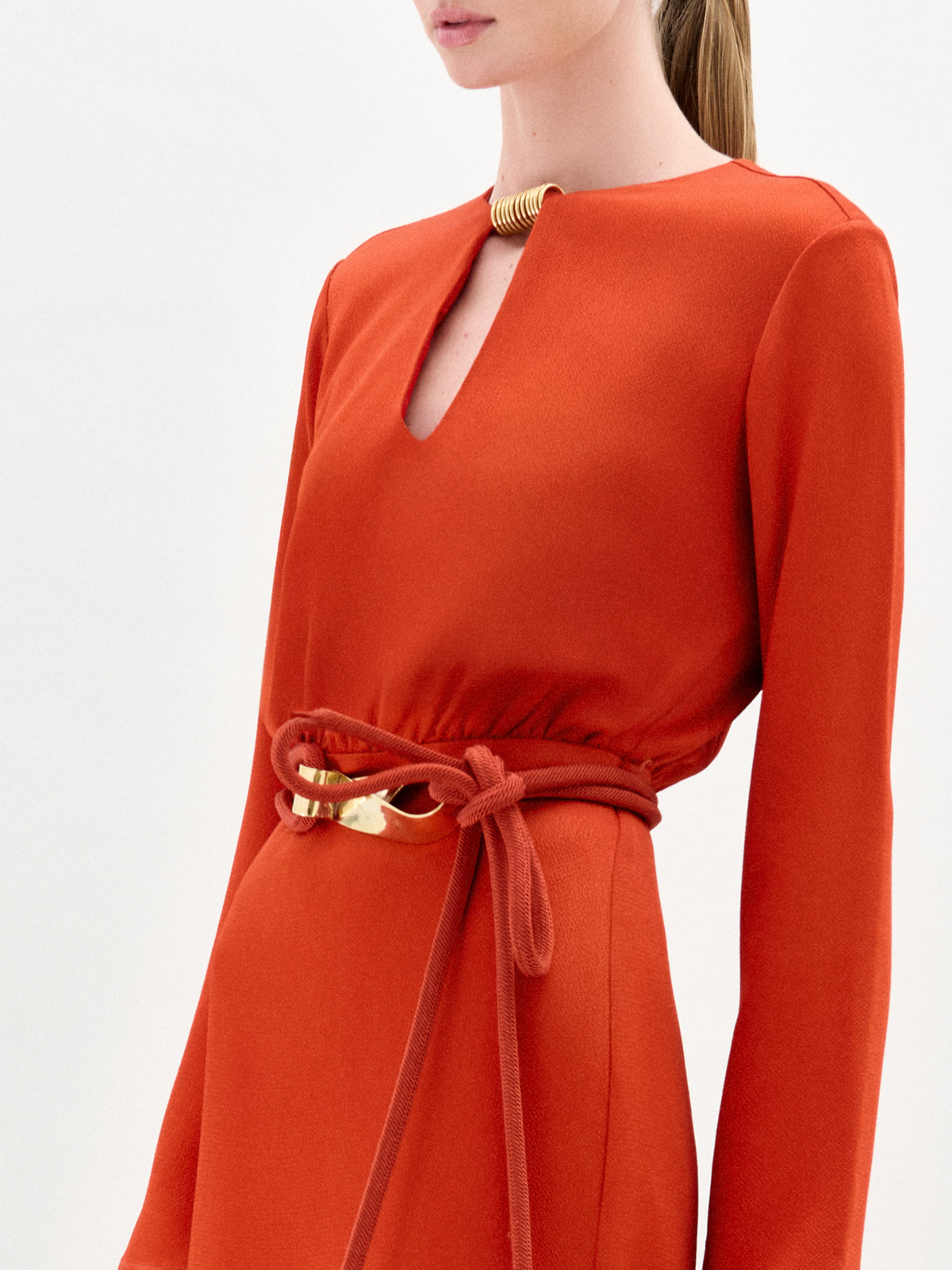 Orange Belted Long-Sleeve Midi Dress