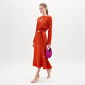 Orange Belted Long-Sleeve Midi Dress