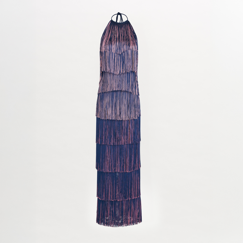 Purple-Blue Halter Layered Fringe Maxi Dress