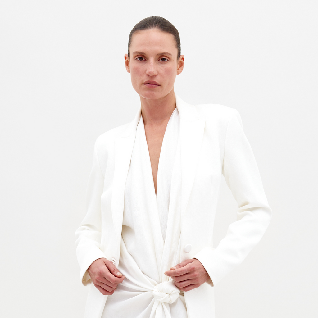 Waist-Tie White Blazer Coat
