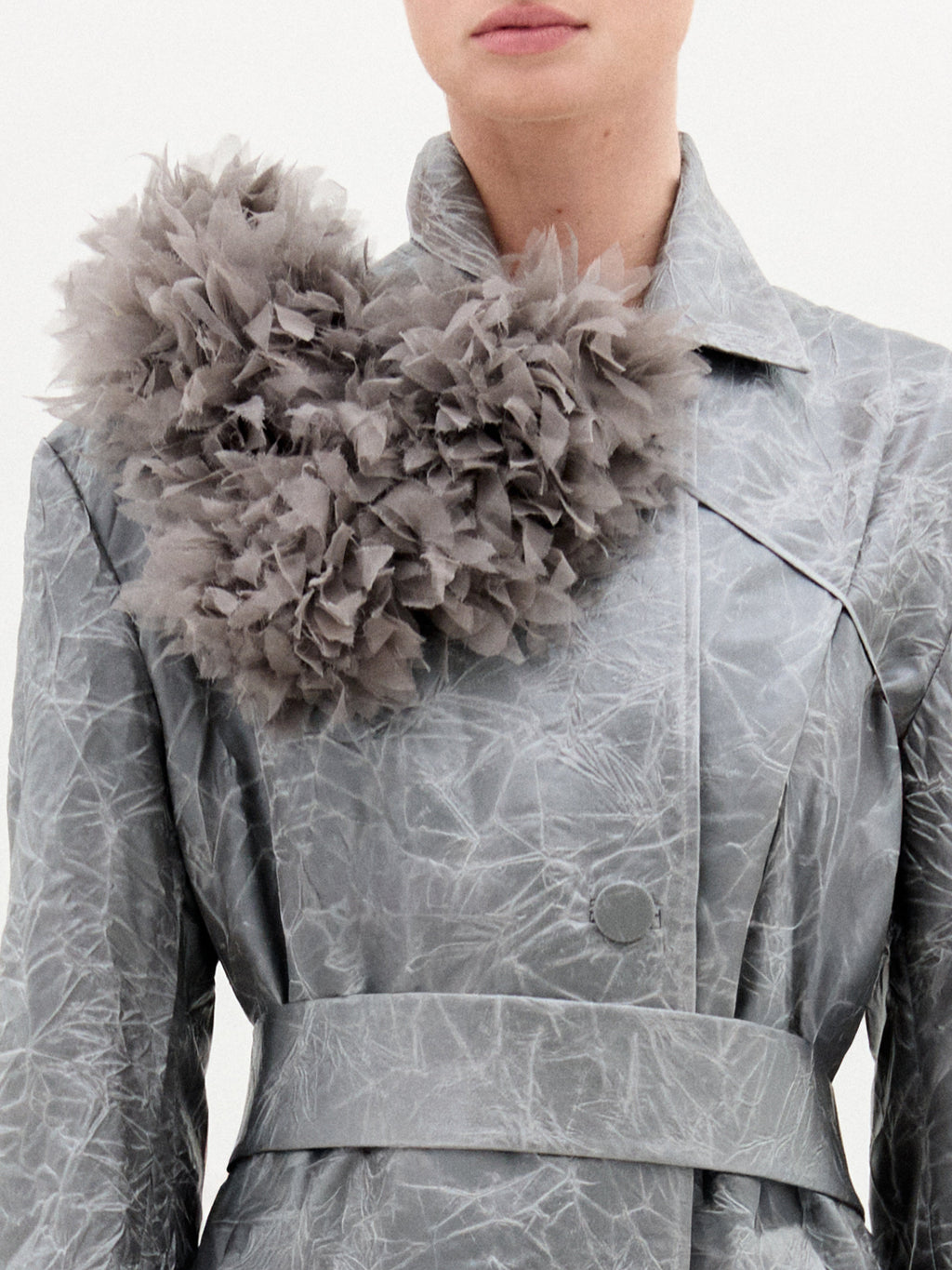 Grey Fur-collar Cinched Long Coat