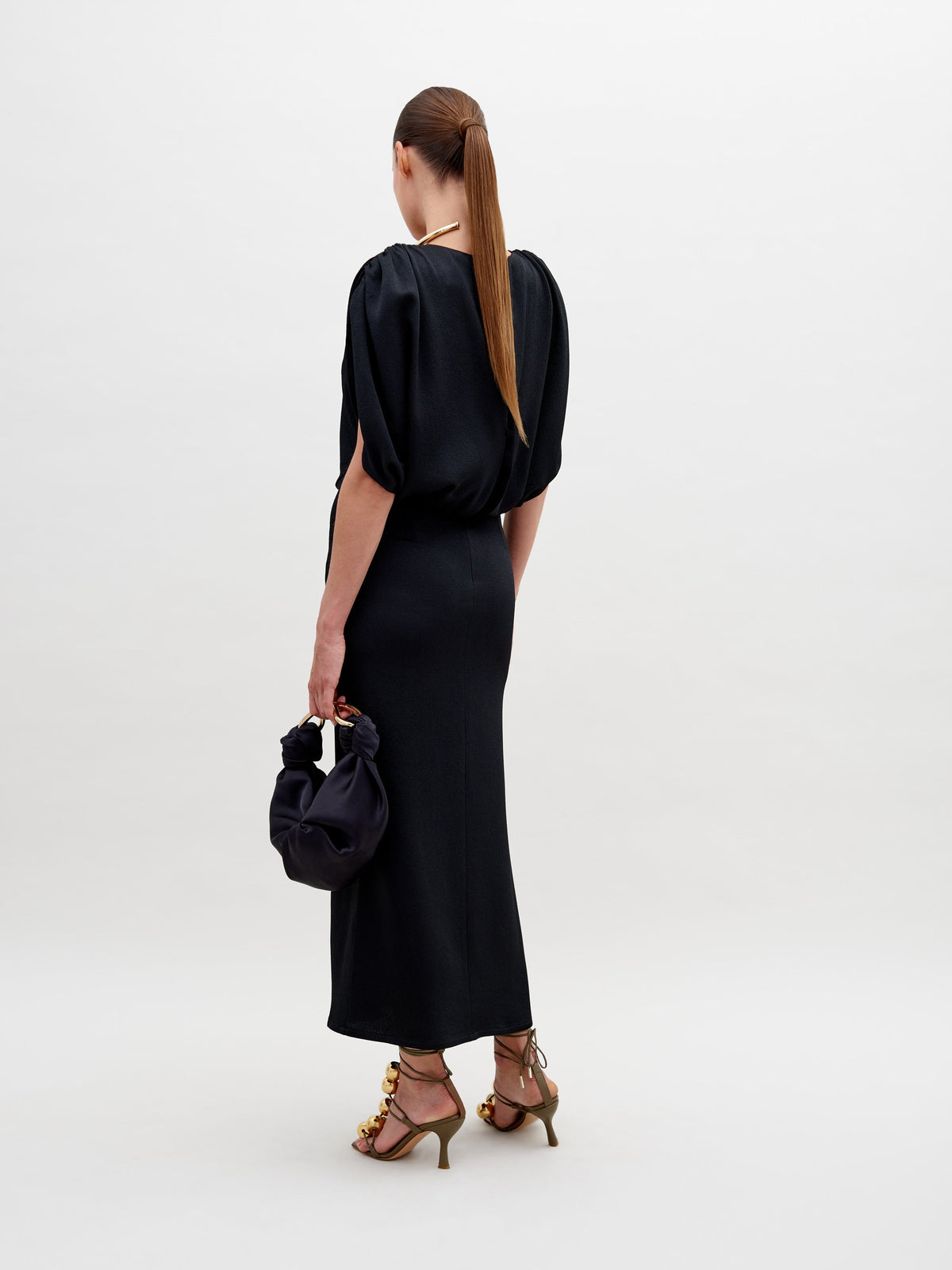 Off-Shoulder Black Drapey Midi Gown