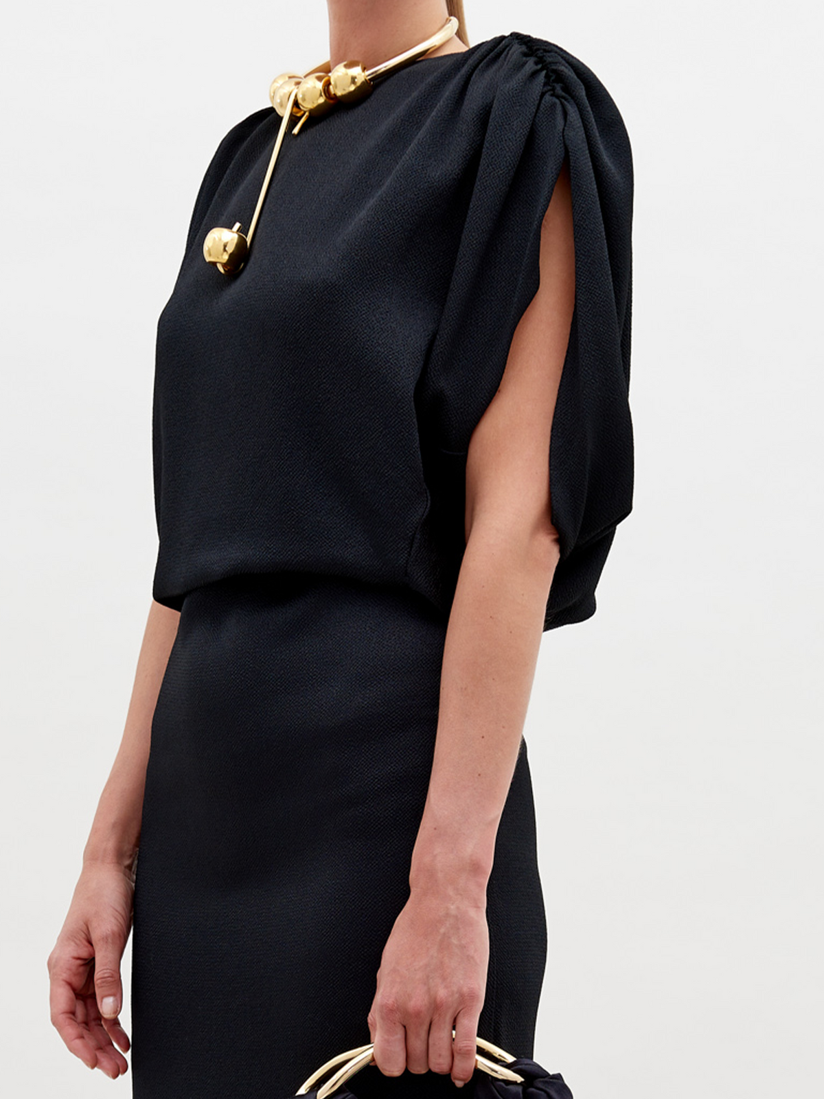Off-Shoulder Black Drapey Midi Gown