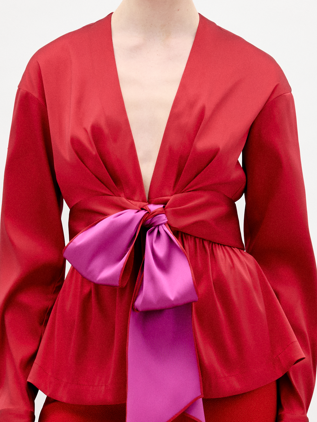 Satiny Tie-front Long-sleeve Shirt