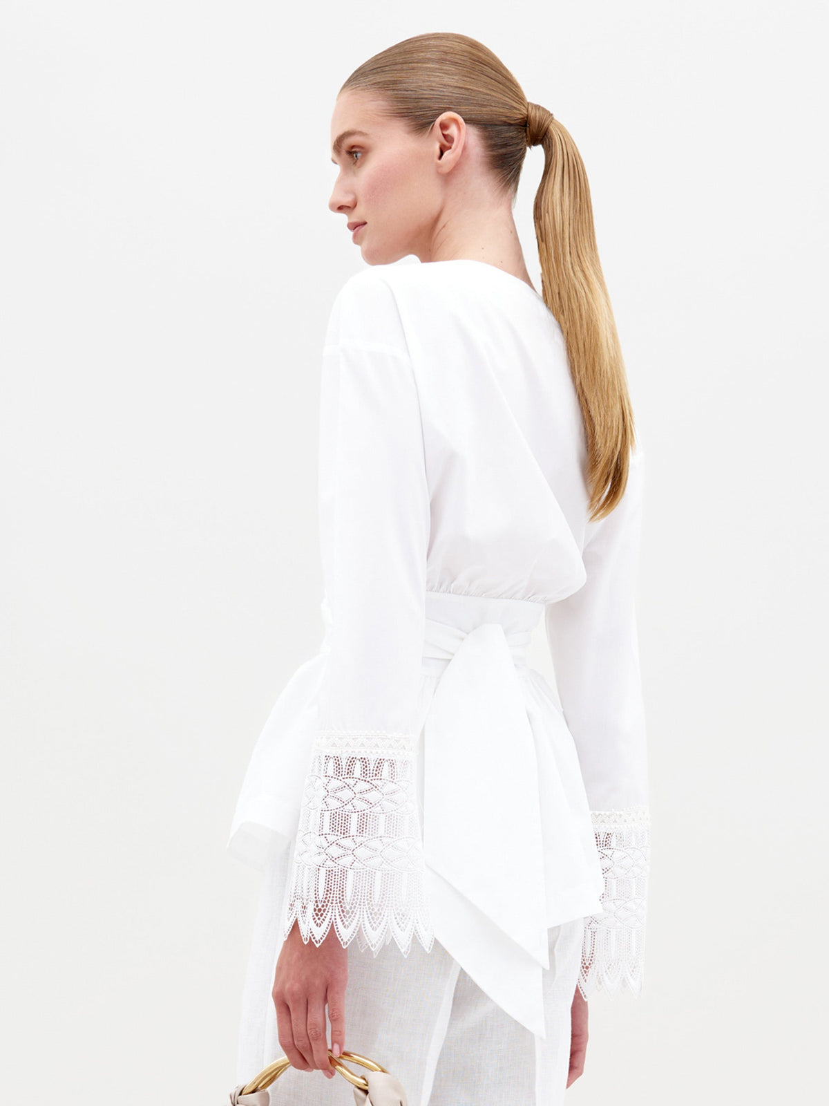 V - neck Lace - cuffed Blouse