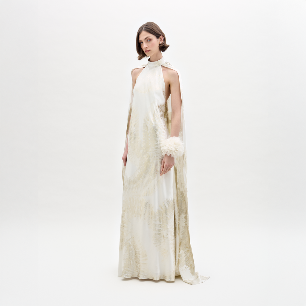 Elegant Feather Trimmed Silk Gown