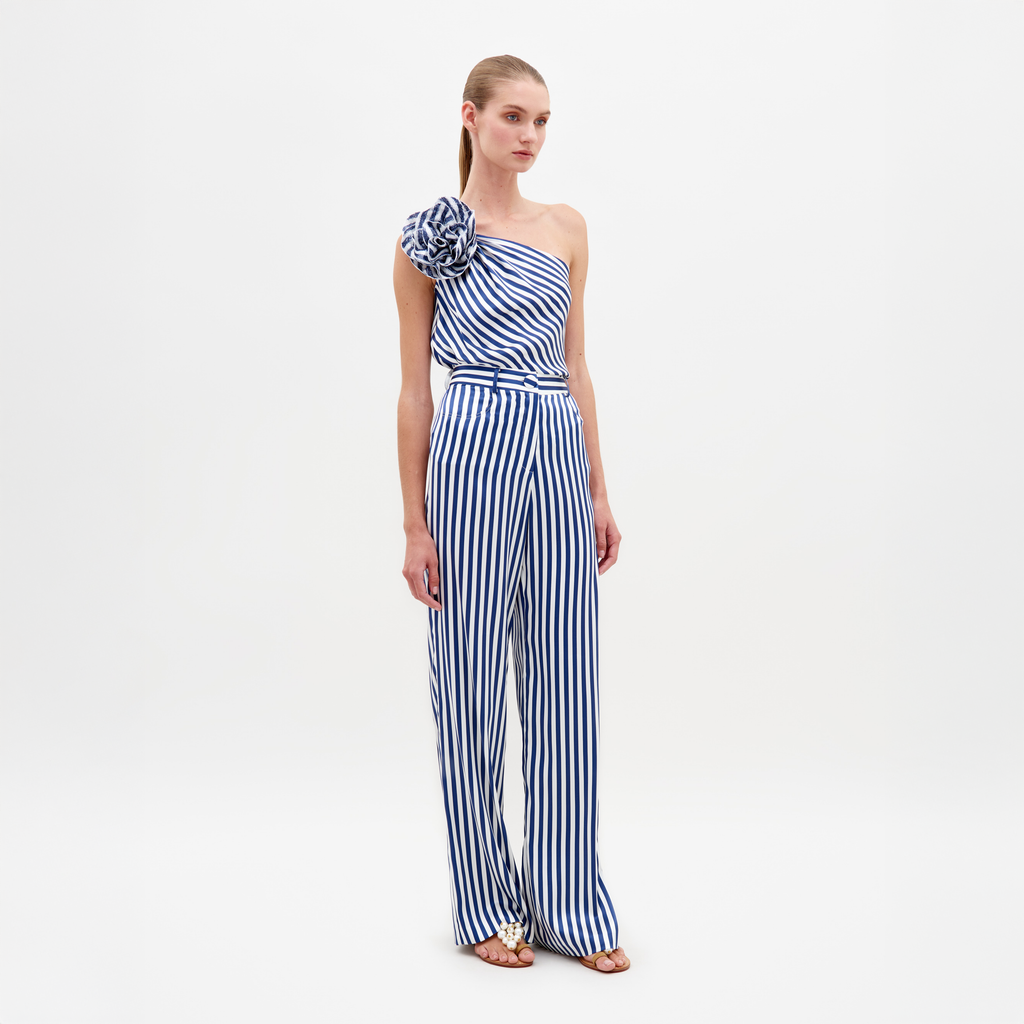 Blue White Stripe Straight Wide-Leg Pants