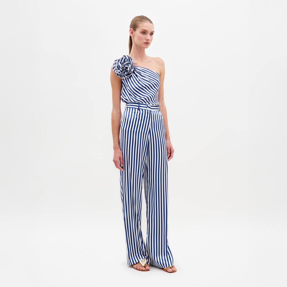 Blue White Stripe Straight Wide-Leg Pants