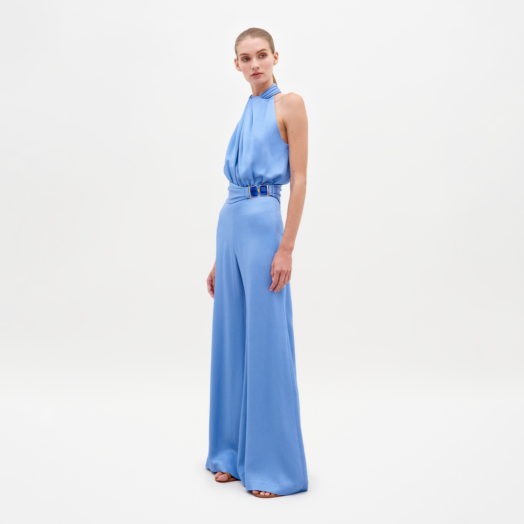 Blue Halter High-Waisted Wide-Leg Jumpsuit