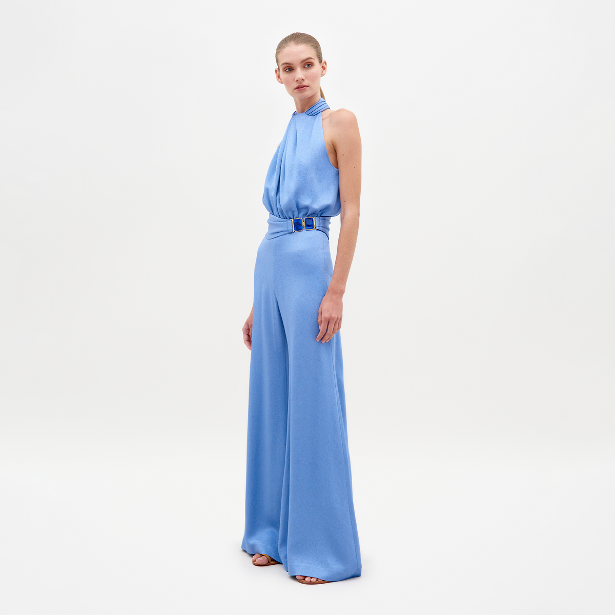 Blue Halter High-Waisted Wide-Leg Jumpsuit