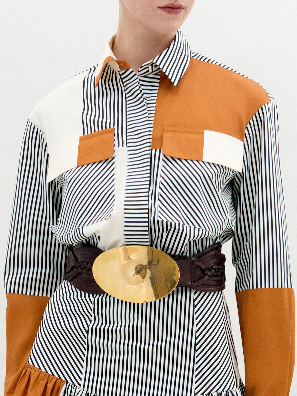 Orange-White Striped Patchwork Shirt