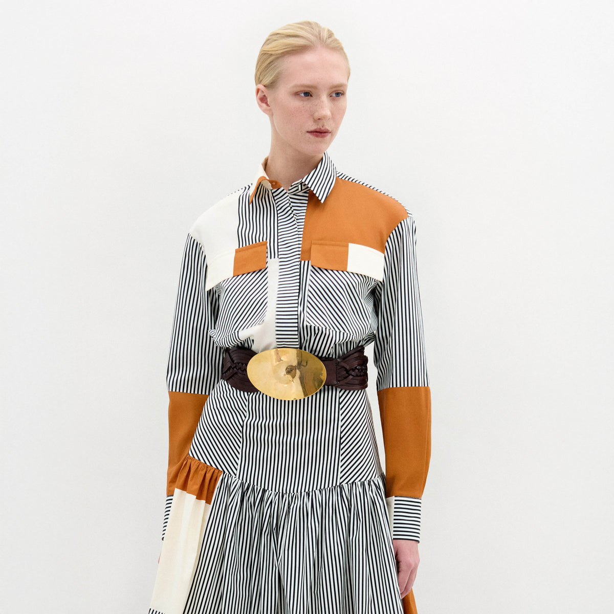 Orange-White Striped Patchwork Shirt