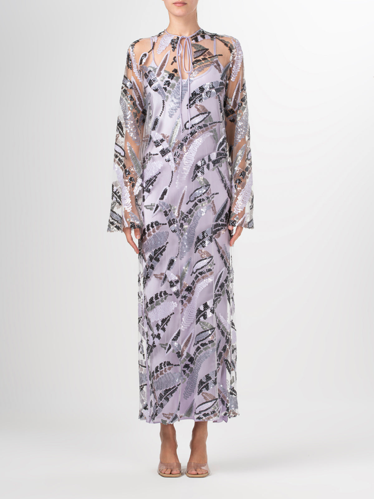 Lavender Patterned Sequin Drapey Maxi Dress