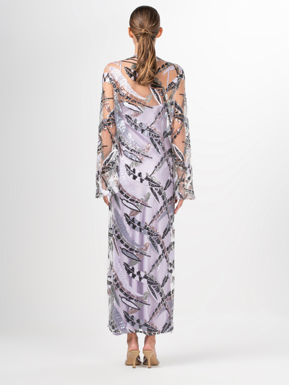 Lavender Patterned Sequin Drapey Maxi Dress