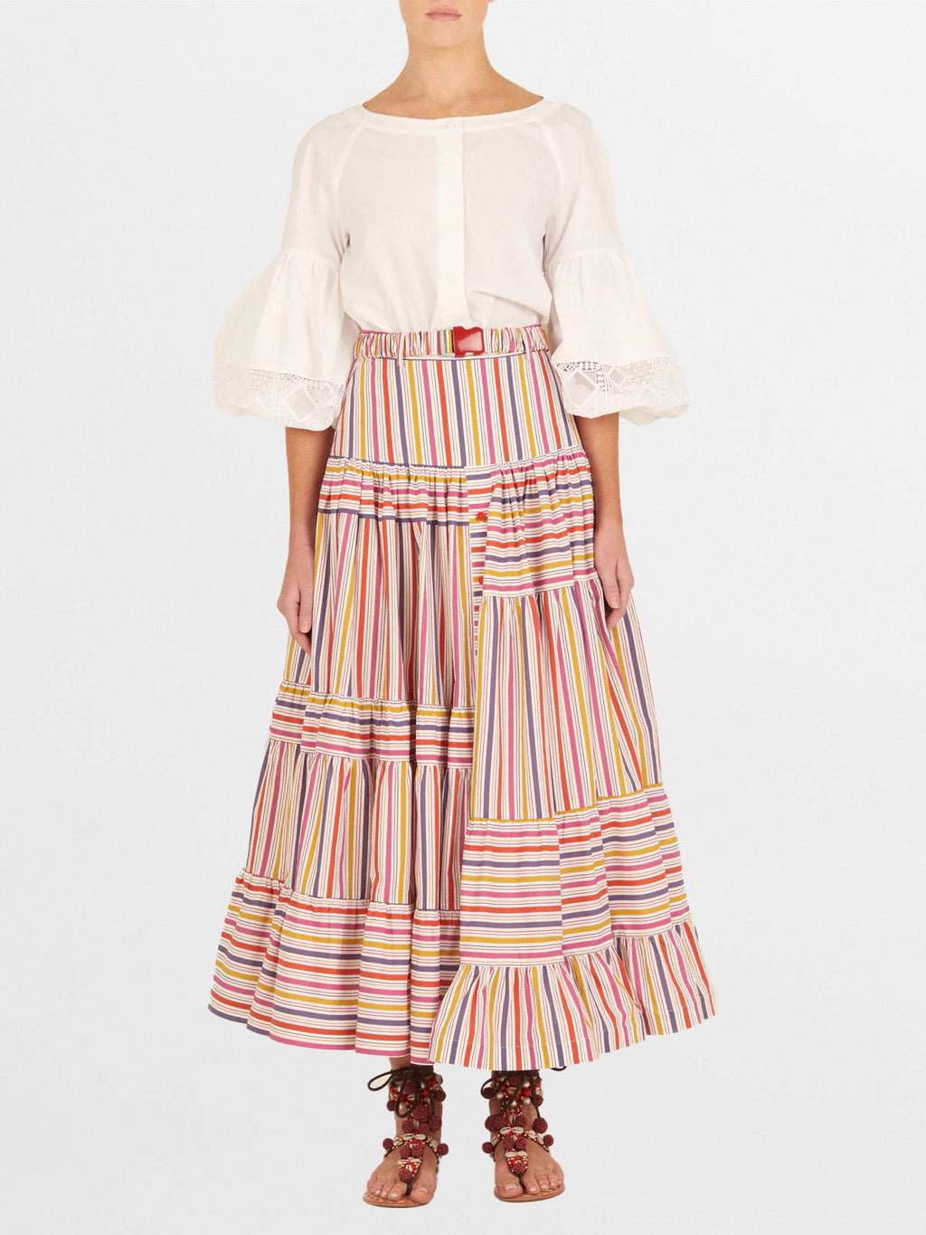 Retro Colorful Stripe Layered Long Skirt