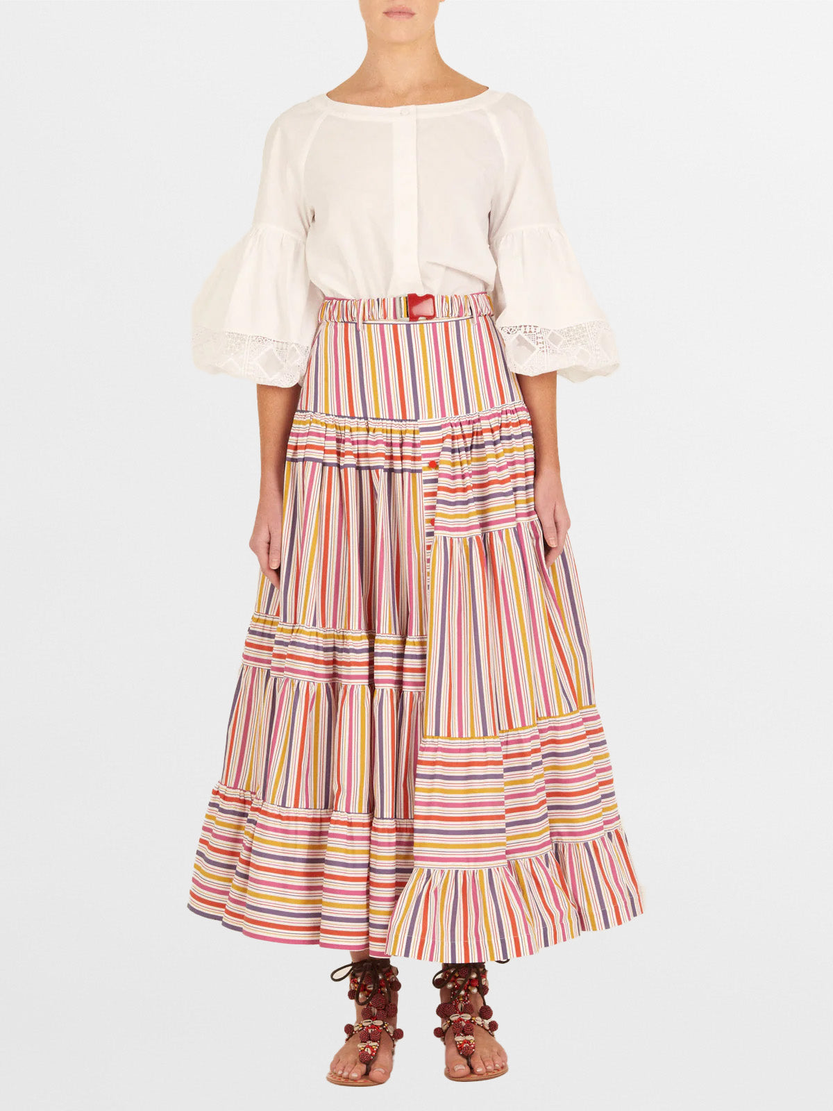 Retro Colorful Stripe Layered Long Skirt