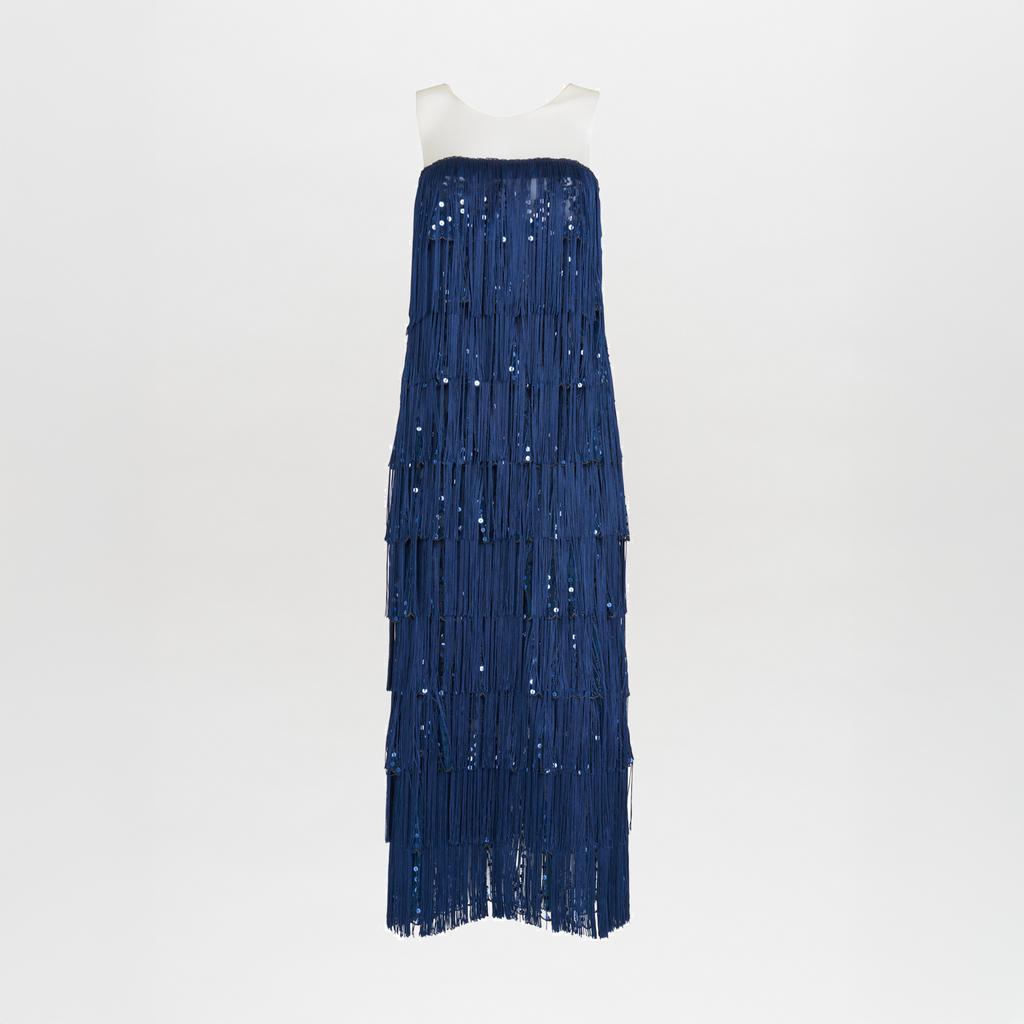 Navy Layered Fringe Sleeveless Long Dress