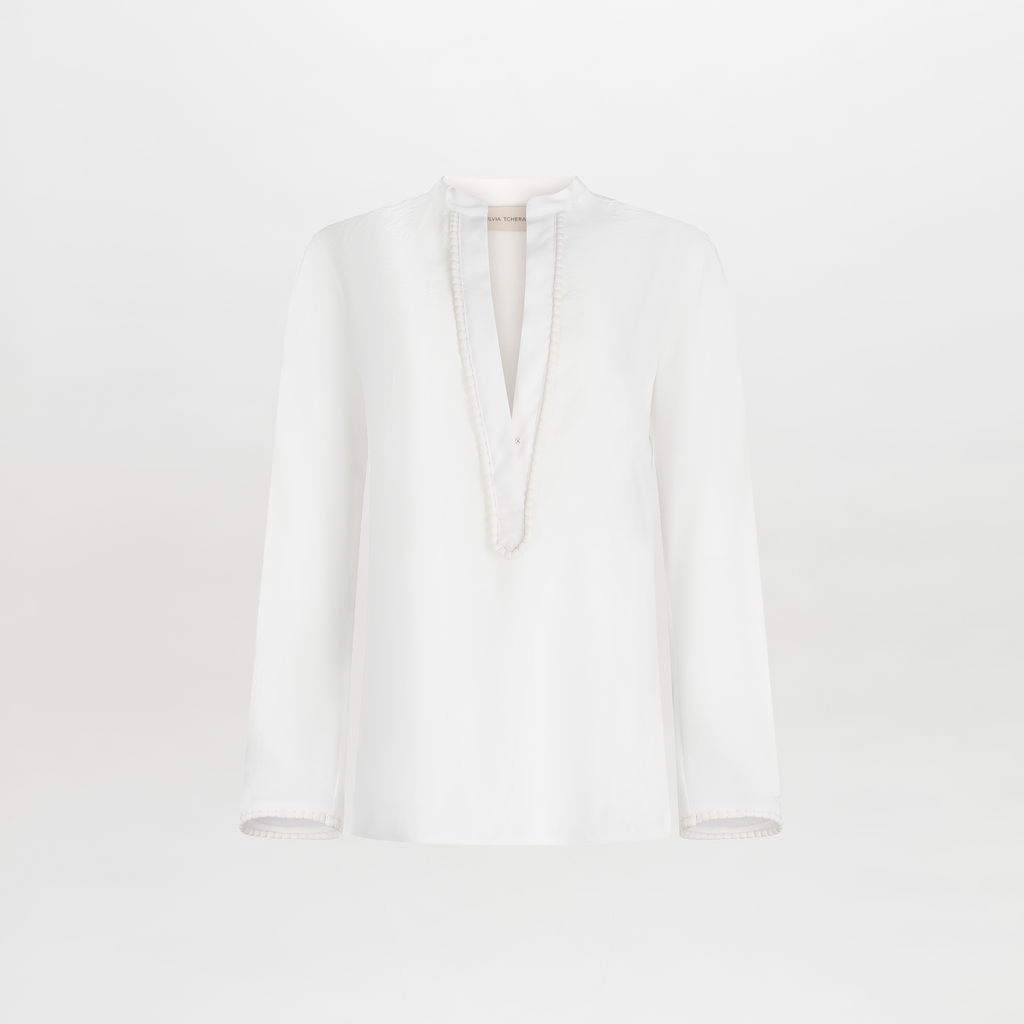 Minimalist White V-neck Long-sleeve Shirt