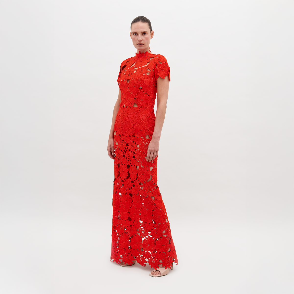 Short-sleeve Red Lace Hollow-out Maxi Gown