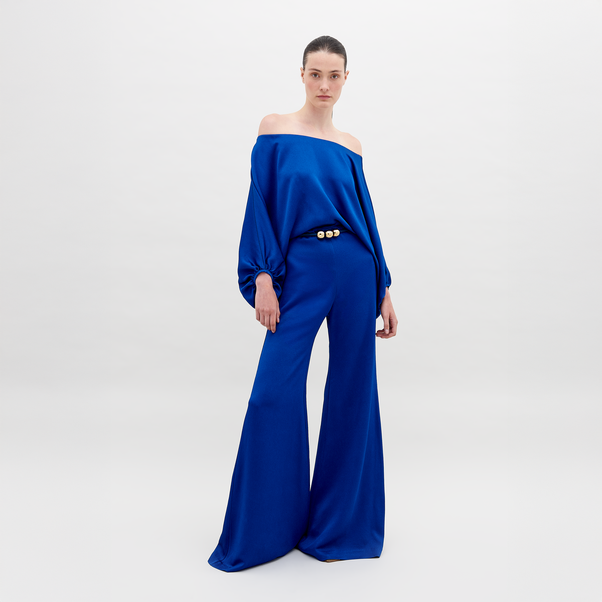 Gold-Buckle Lantern-Sleeve Wide-Leg Set