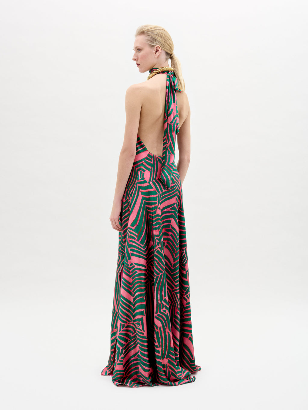Pink Green Geometric Halter Gown