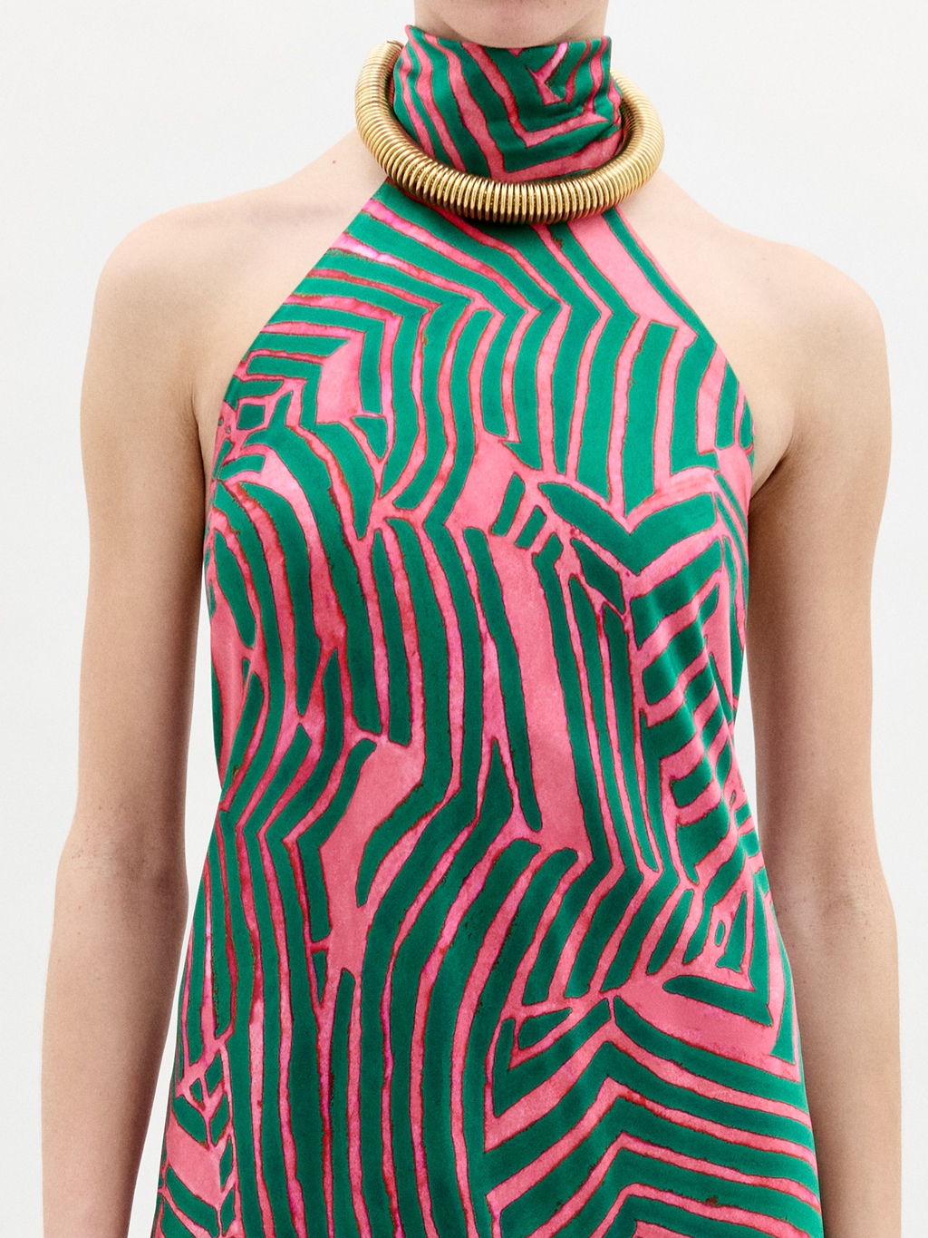 Pink Green Geometric Halter Gown