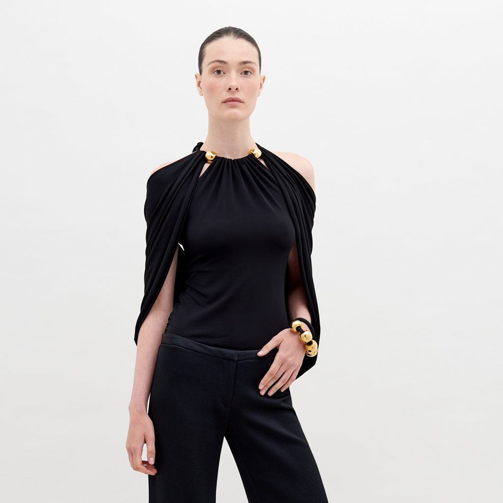 Ruched Off-Shoulder Gold-Button Top
