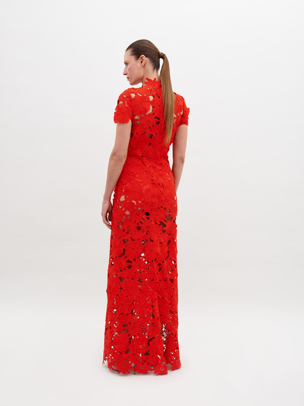 Short-sleeve Red Lace Hollow-out Maxi Gown