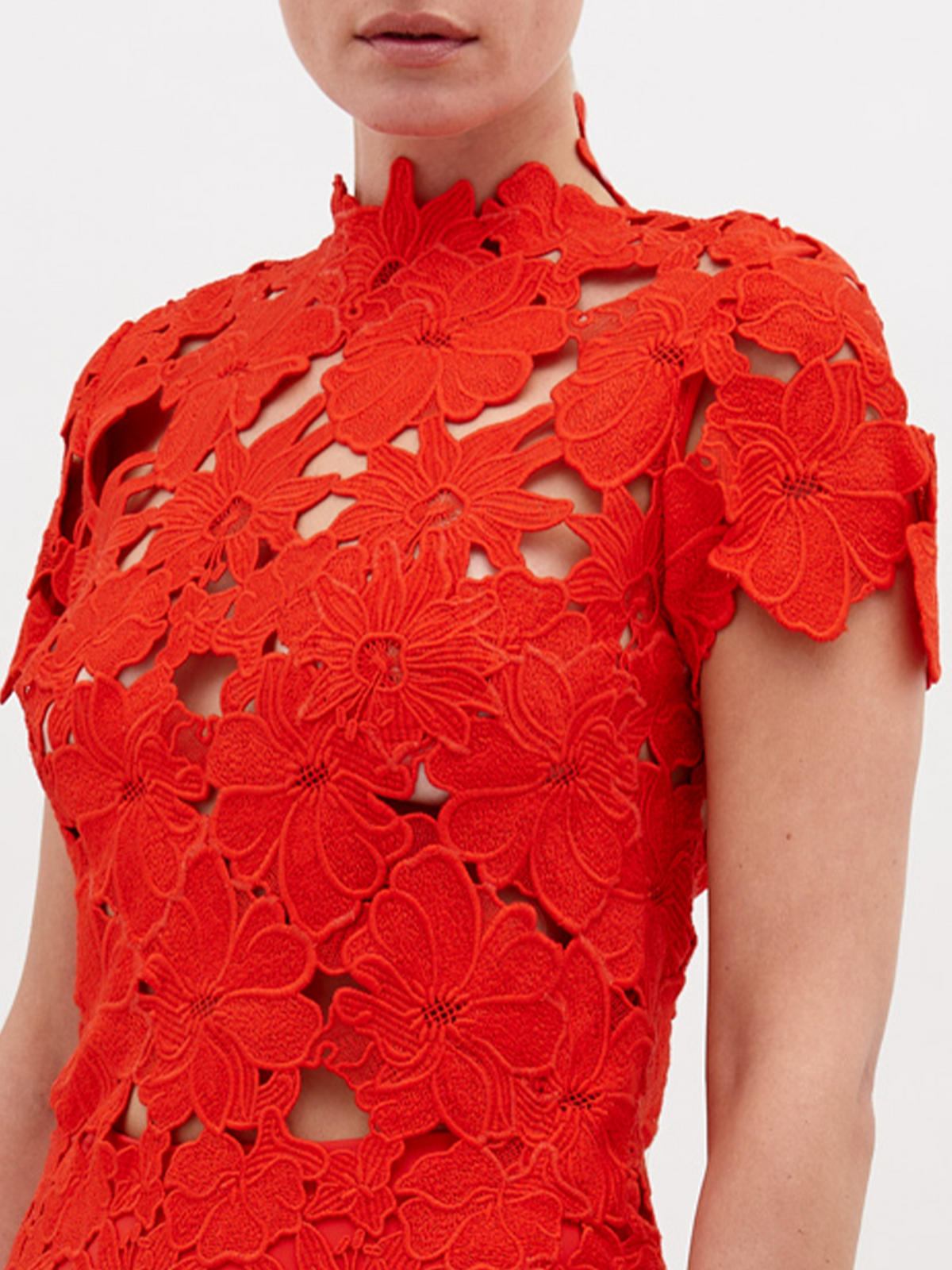Short-sleeve Red Lace Hollow-out Maxi Gown
